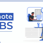 Illustration of people working remotely on laptops, with the text “Remote Jobs” displayed on the left side.